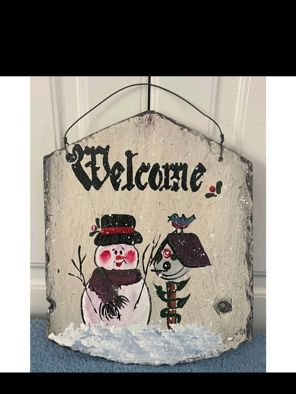 Hand Painted Welcome Snowman Holiday Wall Hanging - Cream and Burgundy